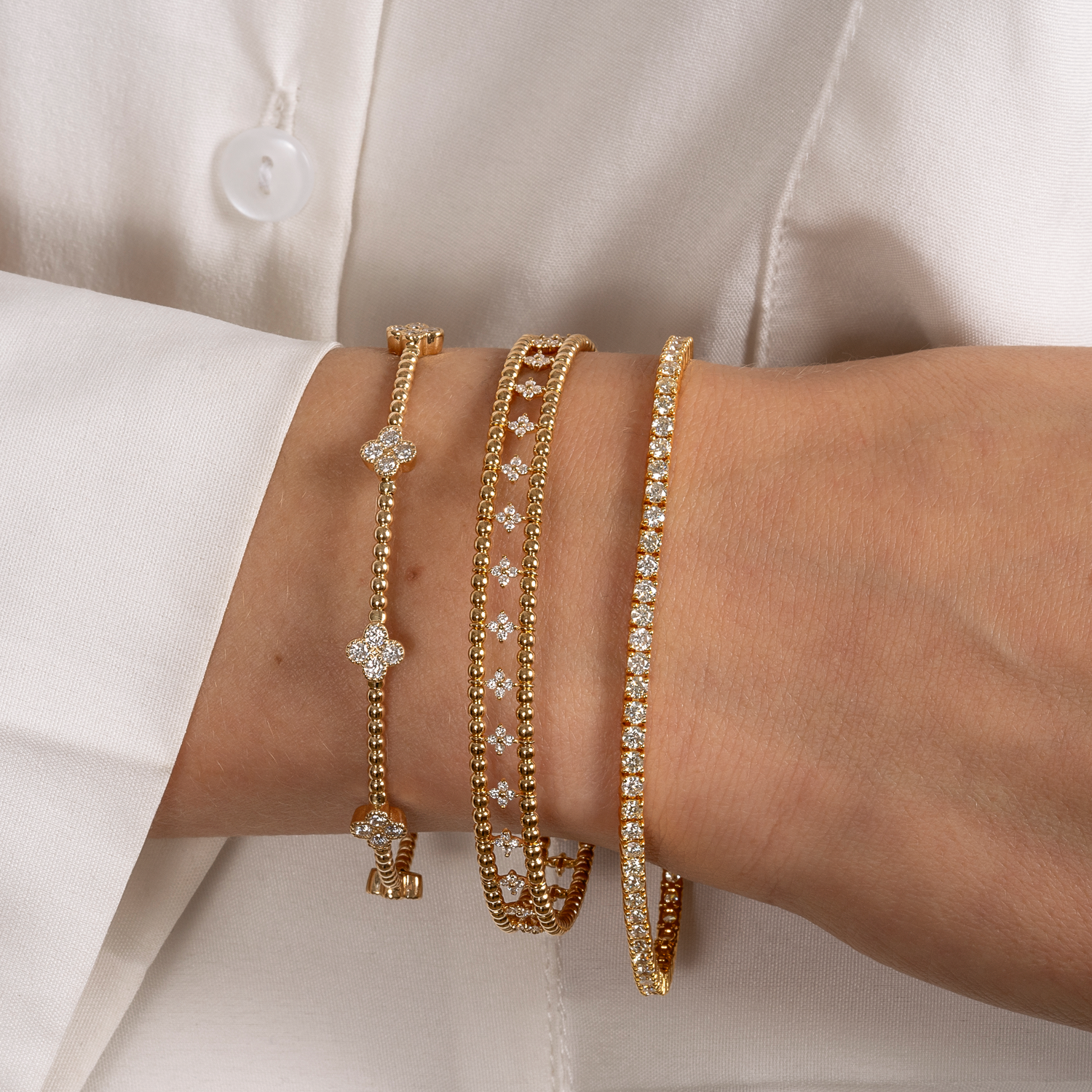 Two Row Beaded Flexible Bangle with Natural Diamond Petite Flower Clusters - AVIR New York